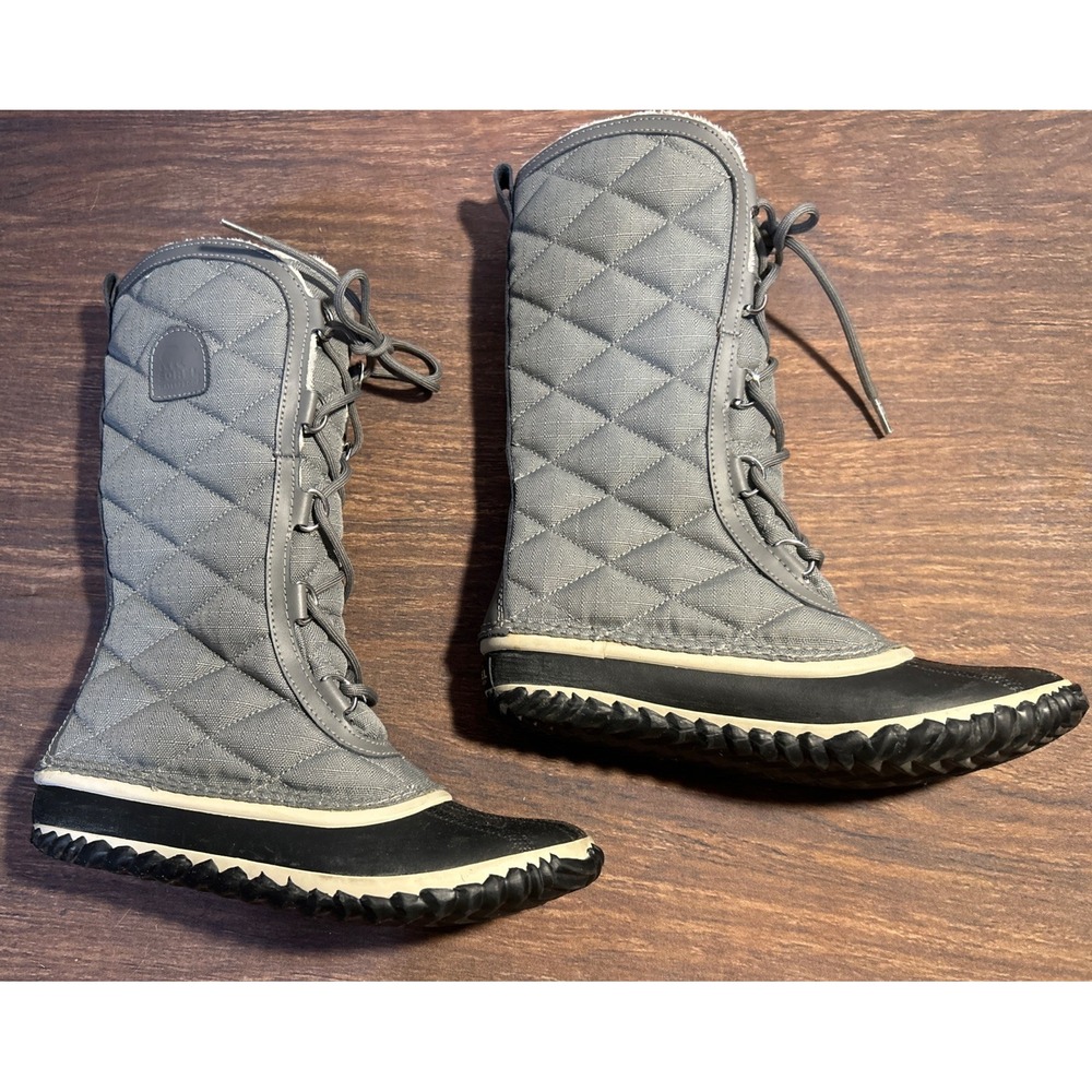 SOREL Womens Size 8 Out N About Tall Snow Boot Grey Lace-Up Quilted Lined Boots
